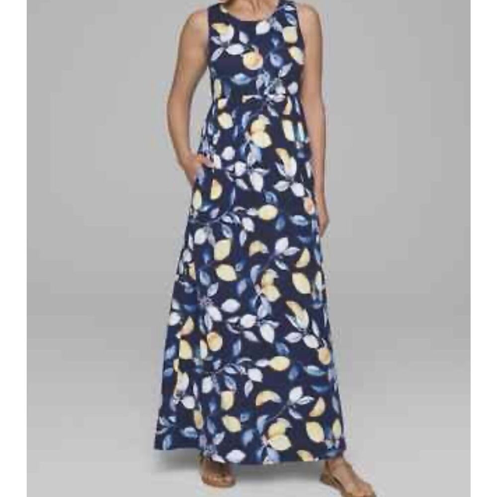 Soma Navy Blue Sleeveless Maxi Dress Yellow Lemon Print L Resortwear Loungewear